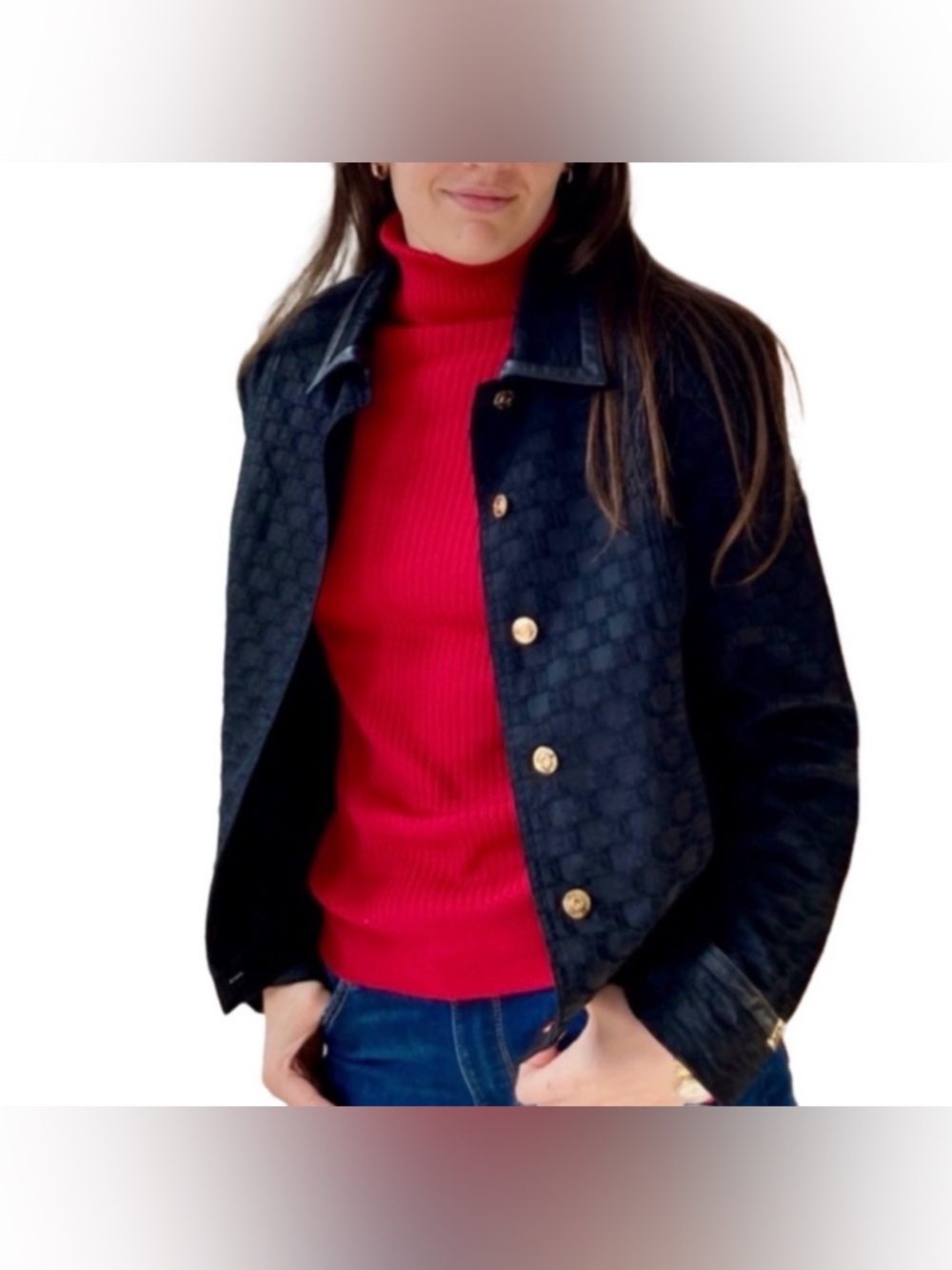 St. John Black Insignia Damask Denim Jacket With Gold Buttons Size Small EUC